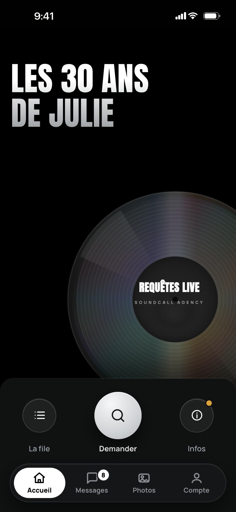 L’écran d’accueil de Requêtes Live : Les 30 ans de Julie